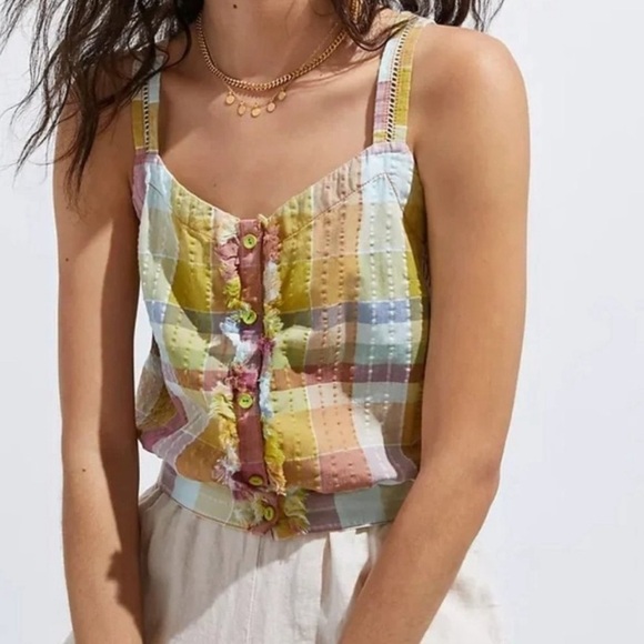 PILCRO Gingham Boho Plaid Button Down Cropped Smock Back Tank Top Blouse - Picture 1 of 14